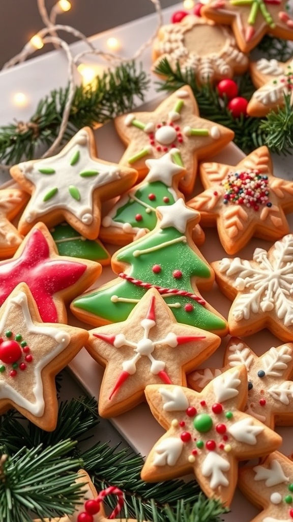 Decorated Christmas sugar cookies in festive shapes on a holiday-themed table.